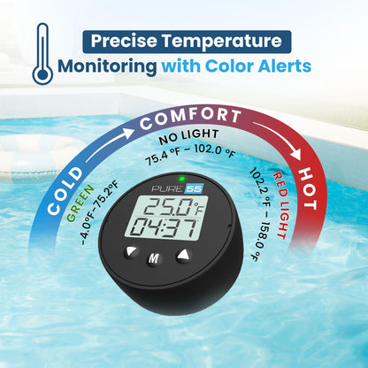 Pure55 PlungeGauge 3-in-1 Cold Plunge Thermometer with Clock & Timer - Ice Bath Water Thermometer with Easy 3-Button Control - Floating Design & IPX7 Waterproof with Audible Beep & LED Indicators