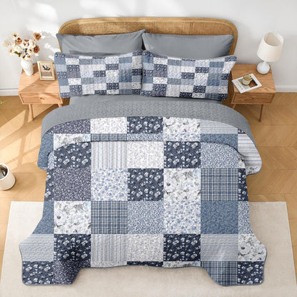 Pamnest Patchwork Quilt Set Queen Size, Floral Boho 3 Pcs Soft Bed Cover Bedding Set, Rustic Blue Farmhouse Lightweight Bedspread Coverlet with 2 Pillow Shams for All Season