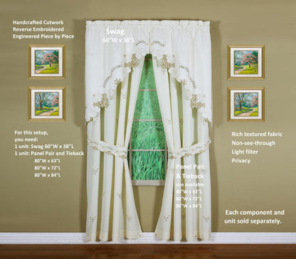 Today's Curtain Verona Reverse Embroidery Panel Pair and Tiebacks, 63", Ecru/Antique, 80" W X 63" L