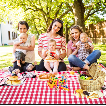 RealPero Extra Large Picnic Blanket, 80"x60" Waterproof Sandproof Beach Mat, Soft Foldable Outdoor Camping Mat with PU Carrier, Red White Plaid Portable Mat for Lawn, Grass, Travel & Park