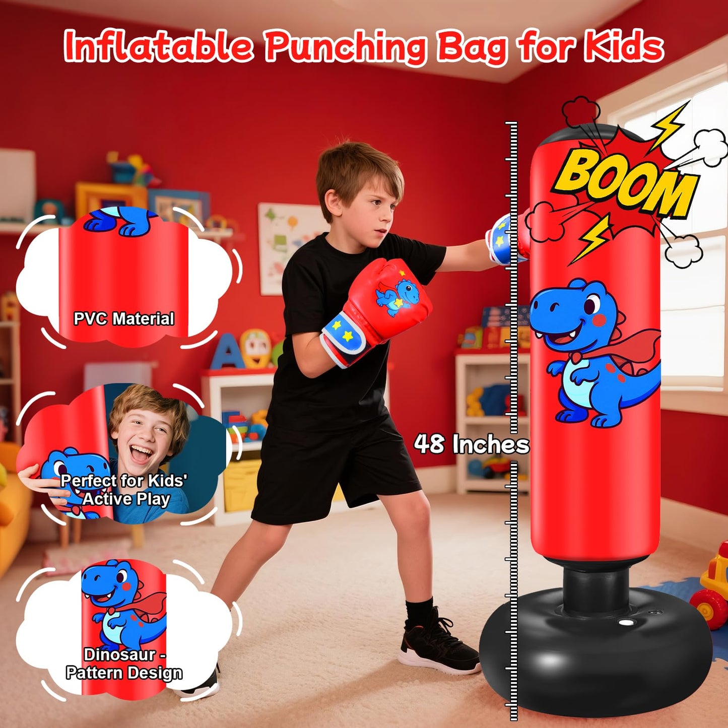 Inflatable Punching Bag for Kids: Qoosea 48 Inches Kids Bop Bag Boxing Gloves & Air Pump Dinosaur Toy Gift for Toddler & Kid Ages 3-8,Freestanding Punching Bag Easy to Inflate,Durable Safe Boxing Bag