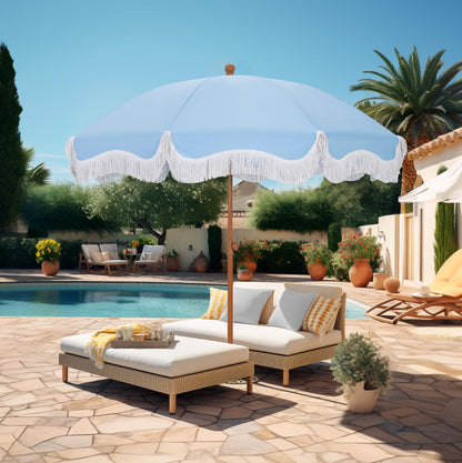 HERA'S PALACE 7 ft Heavy Duty Beach Umbrella with Sand Anchor, Fringe Umbrella for Sand, UV 50+, Patio Umbrella with Tilt Pole for Garden Pool Backyard