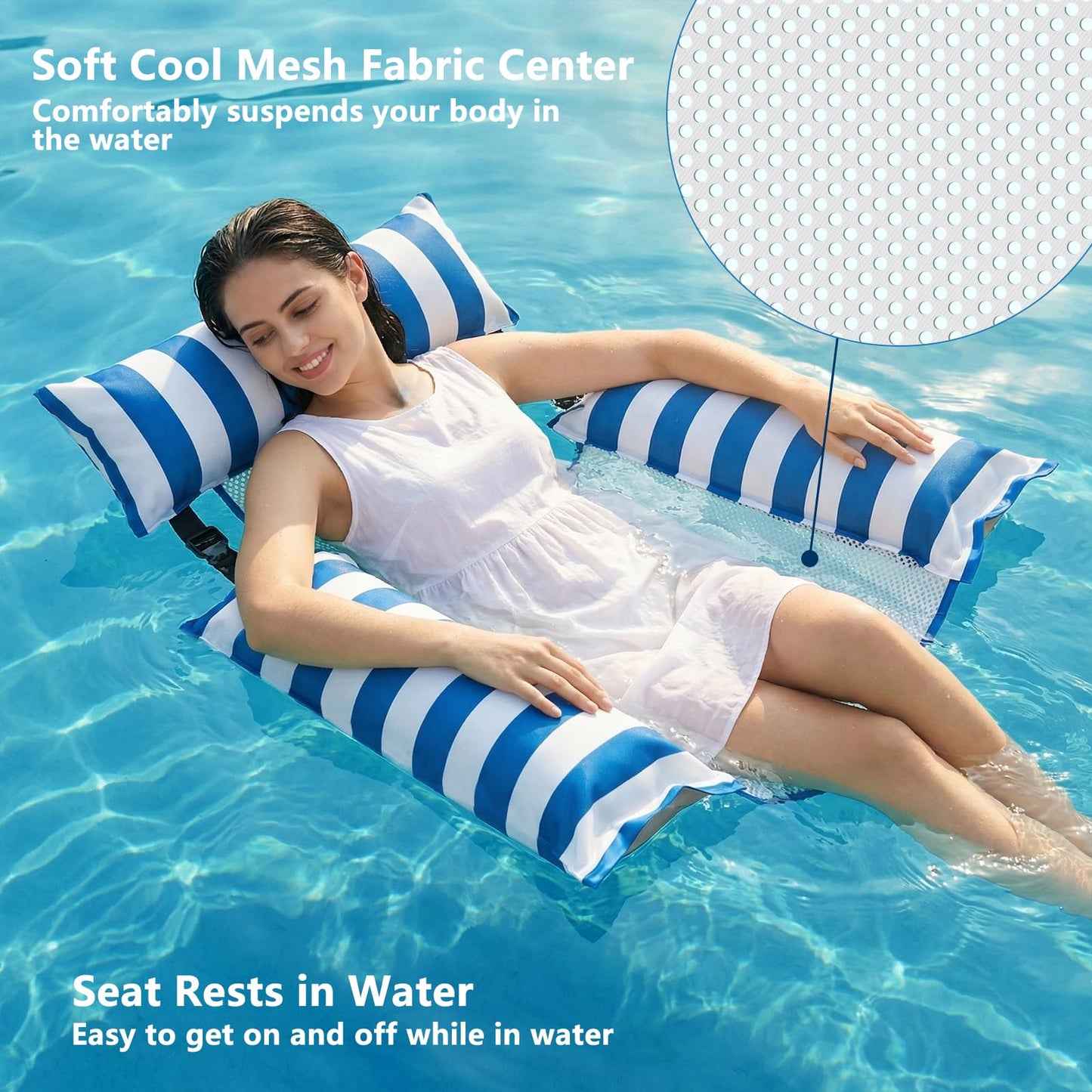 Jasonwell Inflatable Pool Floats Adult - 2 Pack Fabric Pool Floaties Chair Lake Beach Floating Lounger Chair Swimming Pool Noodles Water Hammock Float Mesh Party Toys for Adults Heavy Duty(Blue&Green)