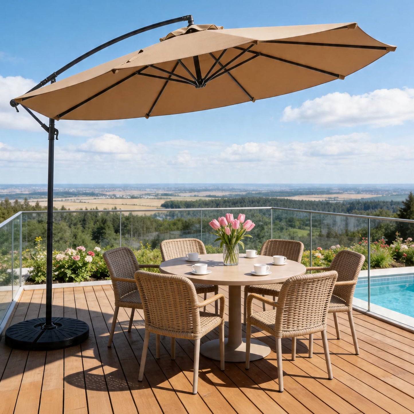 MAKE CHANGES 10FT Patio Umbrella, Cantilever Outdoor Umbrella with 360° Rotation & Tilt Adjustment, Offset Patio Umbrella with UV-Resistant Waterproof Canopy for Backyard, Pool, Garden, Khaki
