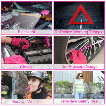 CALBEAU Roadside Emergency Car Kit for Vehicles, Pink Emergency Roadside Assistance kit with Car First Aid Kit, Thoughtful Car Emergency Kit for Women, Men, New Drivers and Adventurers Gifts