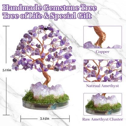 Dreamocean Amethyst Crystal Tree of Life Healing Crystal Money Gemstone Bonsai Tree with Natrual Amethyst Cluster Geode Home Office Desk Reki Decor for Women Purple Gifts for Women（Purple）