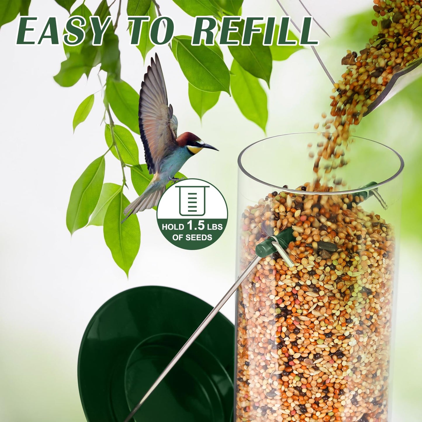 FEED GARDEN Metal Bird Feeder - 6 Port Tube Feeder for Outdoors, Heavy Duty Squirrel Proof with Metal Lid, Easy Fill & Clean, Weather Resistant, 13 Inch