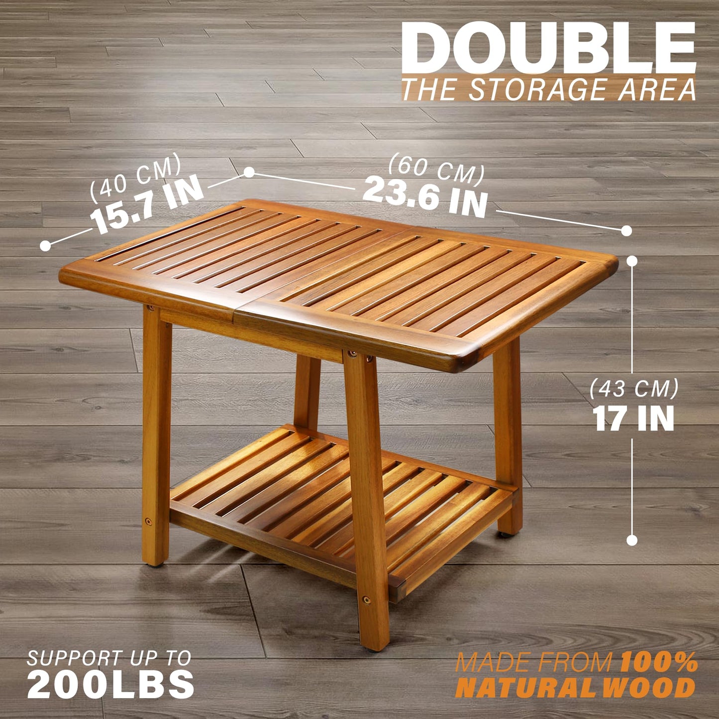 ENKEZI Acacia 24 Inches Outdoor Side Table, 2-Tier Sturdy Patio, End Table Weather Resistant, Strong Stability Side Table for Patio, Pool, Porch, Teak Finish (Large)