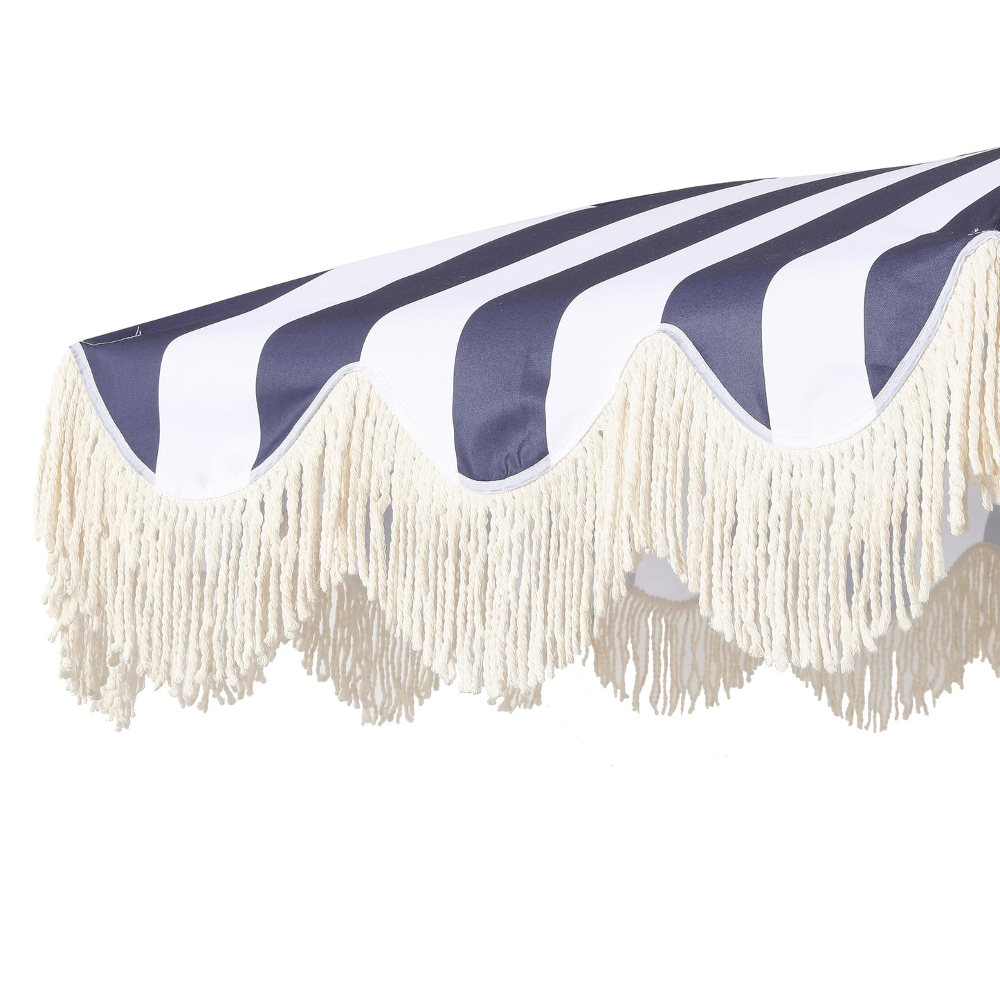 JONATHAN Y UMB1003N Mariner 6.5 ft. Cottage Fringe Tassel Market Beach Umbrella with Push Button Tilt, Wind Vent and UV Protection, and Matching Carry Bag in Navy and White Stripe/Cream, White Pole