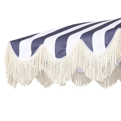 JONATHAN Y UMB1003N Mariner 6.5 ft. Cottage Fringe Tassel Market Beach Umbrella with Push Button Tilt, Wind Vent and UV Protection, and Matching Carry Bag in Navy and White Stripe/Cream, White Pole