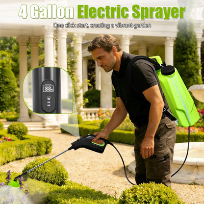 Battery Powered Backpack Sprayer 4 Gallon, Adjustable Pressure Garden Sprayer with Digital Display & Padded Straps, Electric Pump Sprayer in Lawn with 2.2Ah Battery, 5 Nozzles, Telescopic Wand