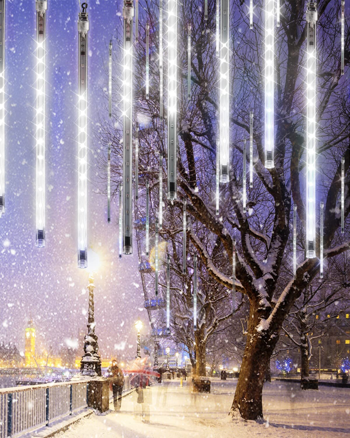 Flacchi Cool White 20 Tubes Meteor Shower Icicle Lights 480 LED Raindrop Lights with Timer Function Cascading Falling Rain Light for Holiday Party Christmas Decorations