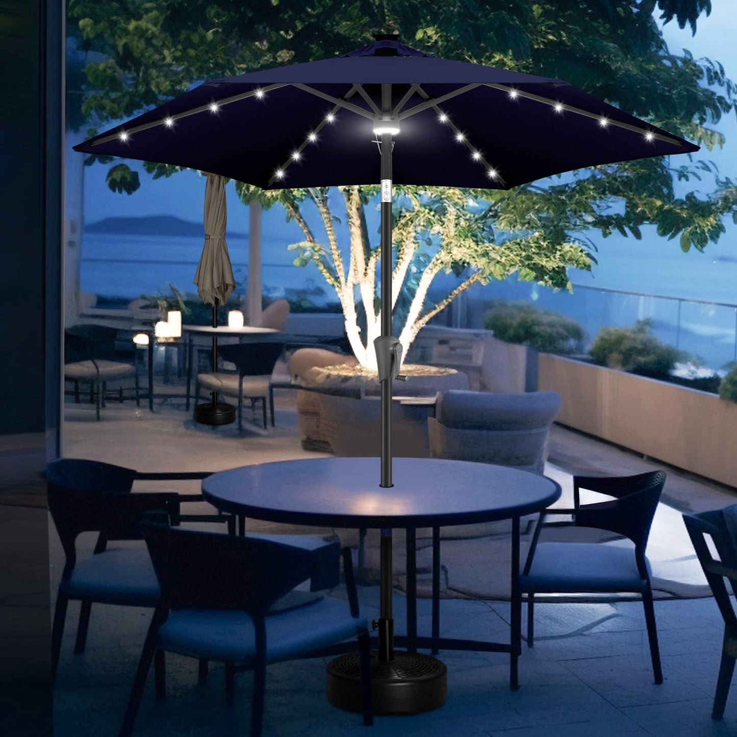 FLAME&SHADE 7.5 FT Solar Light Patio Umbrella, 24 LED Lights Outdoor Umbrella with Centre Surround Light, Table Umbrella Outdoor Patio for Deck, Pool, Backyard, Garden, UV Protection (Navy Blue)