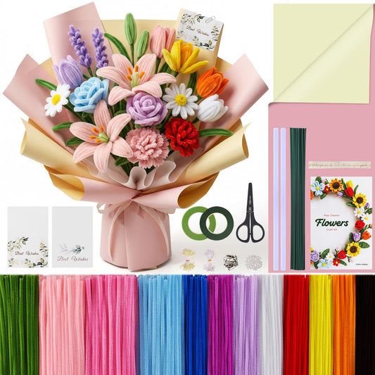 EARLY MINDS 800Pcs Pipe Cleaner Flower Kit with Tutorial, 12 Colors Chenille Stems Craft Making Set with Floral Tape, Flower Stems, Gift Wrap & More, DIY Bouquet Handmade Gifts for Mother's Day