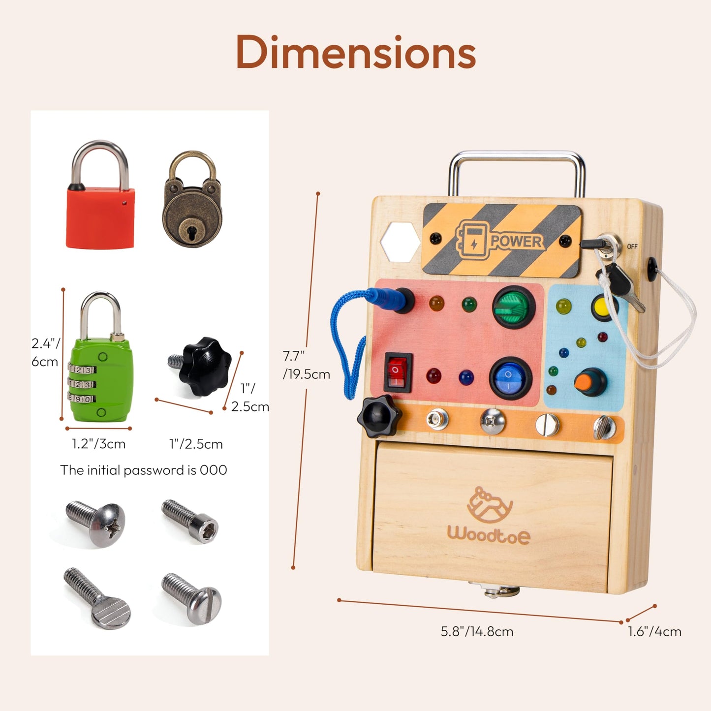 Woodtoe Montessori Toys for Toddler 3 4 5 Year Old, 3-in-1 Busy Board with LED Light Switch, Screwdriver Board Set, Lock and Key Toy, Educational Sensory Toys, Fine Motor Skill Birthday Toys for Kids