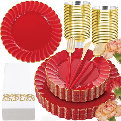 Ciaell 175 PCS Red Scalloped Plastic Plates with Gold Trim - Red Plastic Silverware with Handle - Fancy High-End Dinnerware Sets for Wedding & Party & Mother's Day