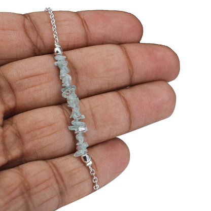 Gempires Natural Gemstone Chip Bar Bracelet for Women, Crystal Healing Bracelet, Multiple Gemstone Options, Adjustable Yellow Gold Plated Chain (7” + 1” Extender), Dainty Stackable Jewelry Gift for Her (Aquamarine)
