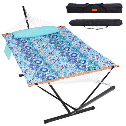 Lazy Daze Hammocks 2 Person Portable Hammock with 12FT Stand for Outside, 10.5FT Quilted Double Hammock with Spreader Bar and Detachable Pillow, 450lbs Capacity for Outdoor Patio, Floral Auqa