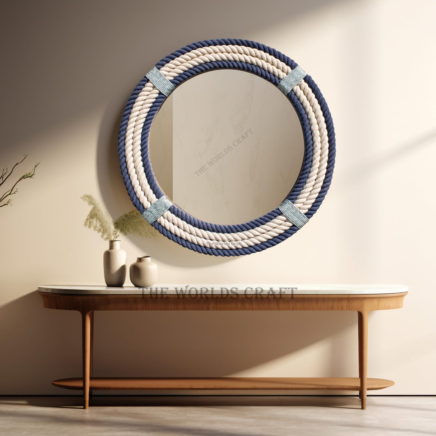 The Worlds Craft Nautical Round Rope Mirror - White Twisted Rope Wall Hanging Mirror, Rustic Boho & Coastal Farmhouse Décor for Bathroom, Bedroom, Nursery, or Entryway