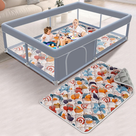 XVISHX 65 x 50 Inch Baby Playpen with Mat, Playpen for Babies and Toddlers, Baby Play Pen Playard for Indoor & Outdoor Active Center Game Fence, Skin-Friendly Fabric and Soft Breathable Mesh, Grey