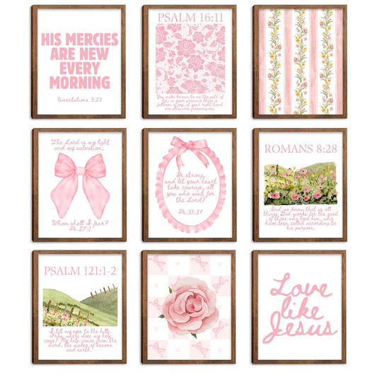 Christian Wall Art Pink Bible Verse Canvas Posters Coquette Bow Room Wall Decor Jesus Scripture Pictures Trendy Preppy Christian Floral Aesthetic Prints for Girls Bedroom 8x10xInch Set of 9 Unframed