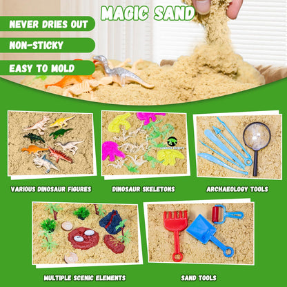 Pakimio Dinosaur Sensory Bin with Lid, 2.64lbs Magic Sand, Dino Figures, Skeletons & Archaeology Tools, Sensory Sand Kit Dinosaur Toys for Kids 3 4 5 6 7+ Year Old Boy Toddler Birthday Gift Christmas