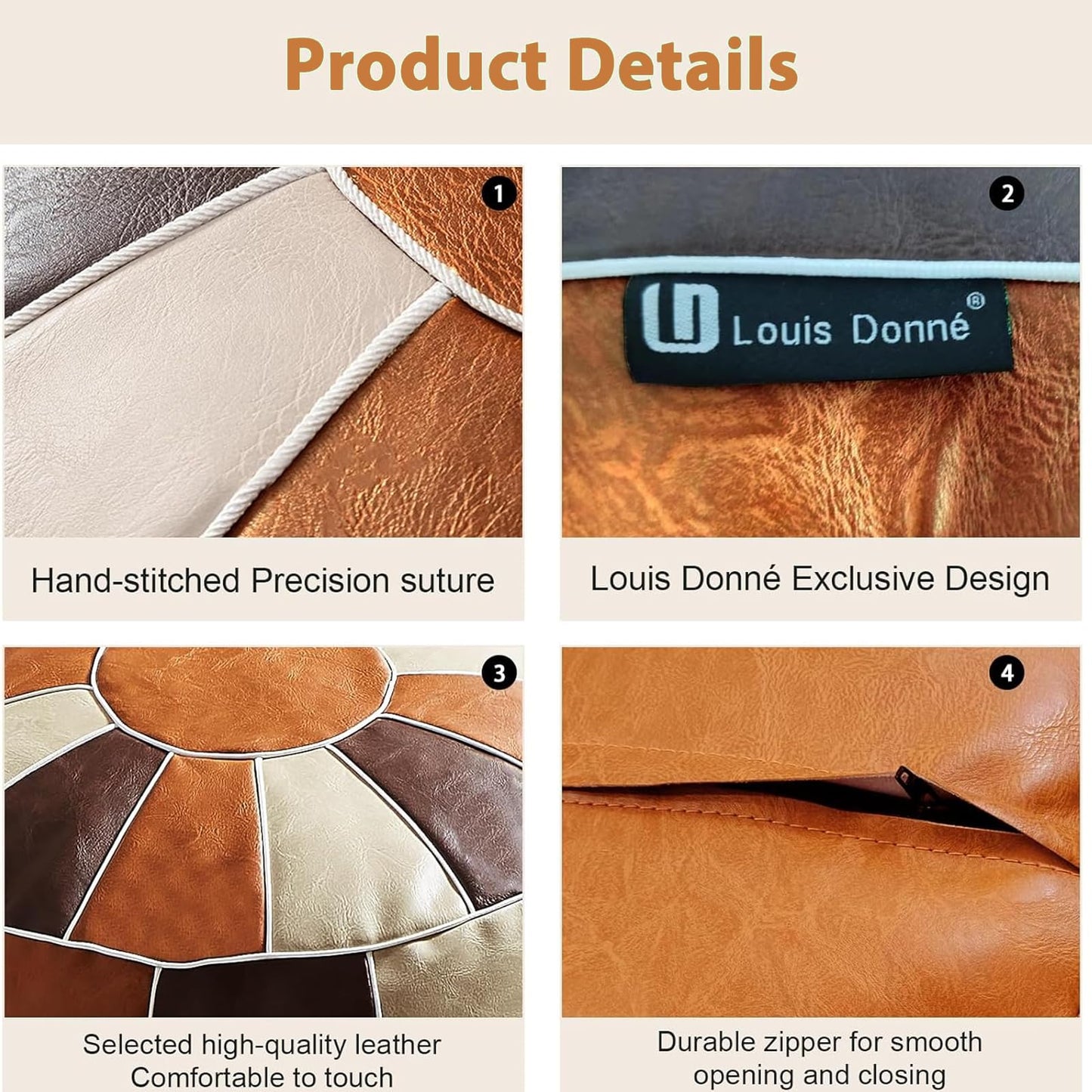 Louis Donné UNSTUFFED Pouf Ottoman Cover, Faux Leather Foot Stool for Foot Rest, Moroccan Style Pouffe Ottomans, 21" Round Handmade Small Bean Bag Covers for Storage, Footstools for Living Room
