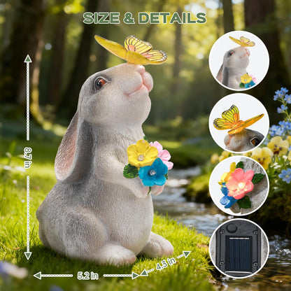 IDEA SHOW Solar Garden Statue Outdoor Decor, Rabbit Figurine with Butterfly LED Lights, Bunny Statue for Garden, Yard Decor, Lawn Ornament, Valentine's Day Birthday Gift for Women Mom Grandma