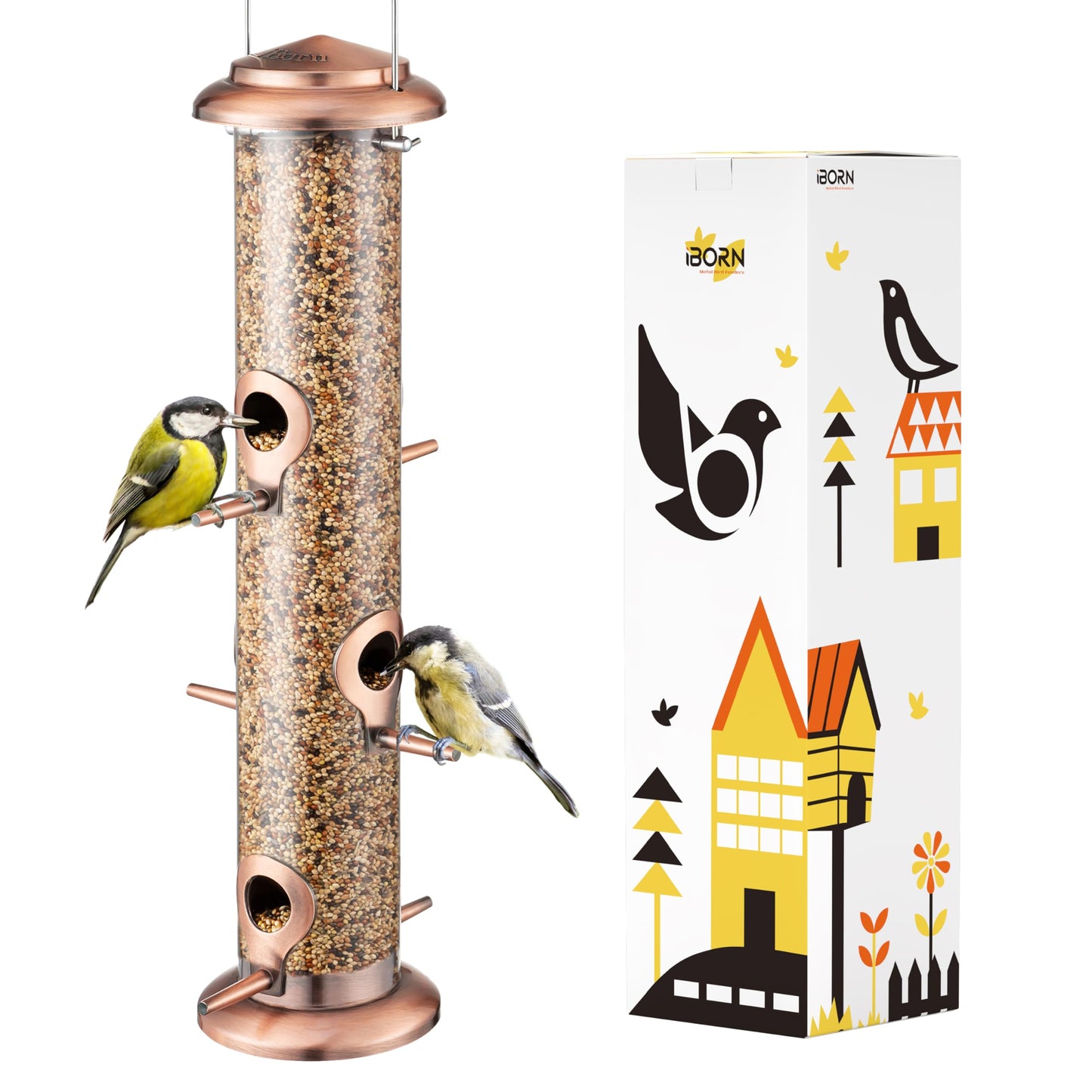 iBorn Metal Bird Feeders Brushed Copper Wild Bird Feeder for Outdoors Hanging All Metal Brushed Copper Finishing 15 Inch 6 Port(Seed is not Included)