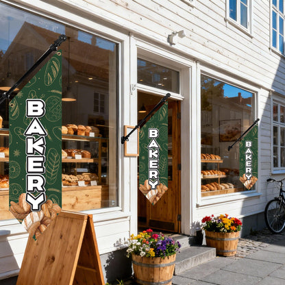 Farm Stand Bakery Flag with Pole Kit – 42x12 Inch Double-Sided Heavy Duty Canvas Banner for Outdoor Cake Shop, Business Sign, Storefront Advertising Decoration(Green)