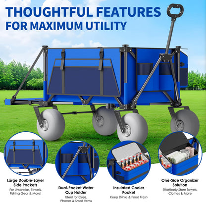 Beach Wagon with Big Wheels for Sand - 450lbs Load Heavy Duty Wagons Carts Foldable with 9" All Terrain Inflatable Tires, Collapsible Beach Cart for Grocery Shopping Garden Sports Camping Outdoor