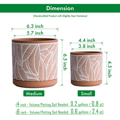 D'vine Dev Set of 2 Terracotta Pots, Leaves Pattern Planter Pot, 4 Inch and 6 Inch, Pot with Drainage Hole and Saucer, Terracotta/White, 31-958-I-1