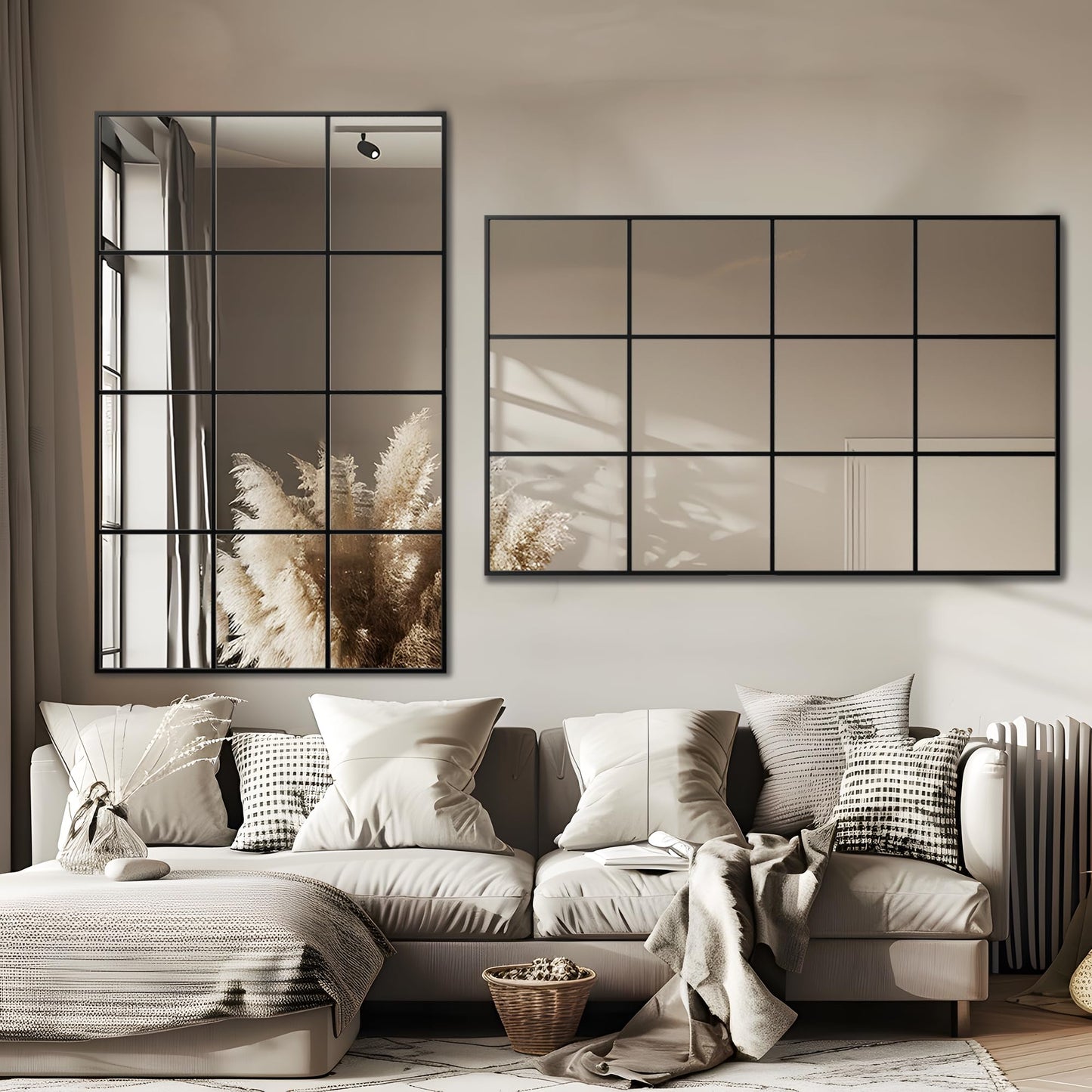 Antok Wall Mirror, 48" x 30" Window Pane Decorative Mirror, Metal Framed Wall Mounted Mirror, Hanging or Leaning for Living Room, Bedroom, Dining Room, Entryway, Black