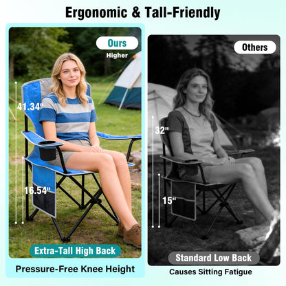 High Back Camping Chair for Adult, Portable Folding Camp Chair, Outdoor Camping Chair with Wide Cup Holder, Side Pocket for Hiking Fishing Sports, (Blue Grey)