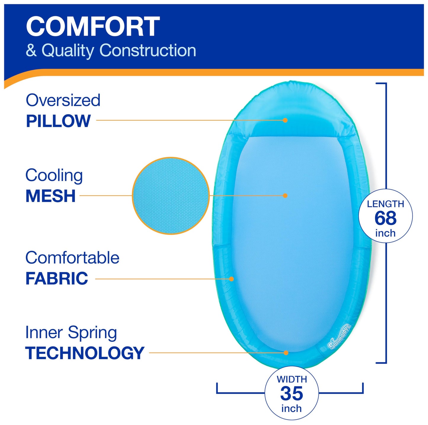 SwimWays Spring Float Premium Hammock Pool Lounger, Inflatable Pool Floats Adult with Fast Inflation for Ages 15 & Up, Sky Blue