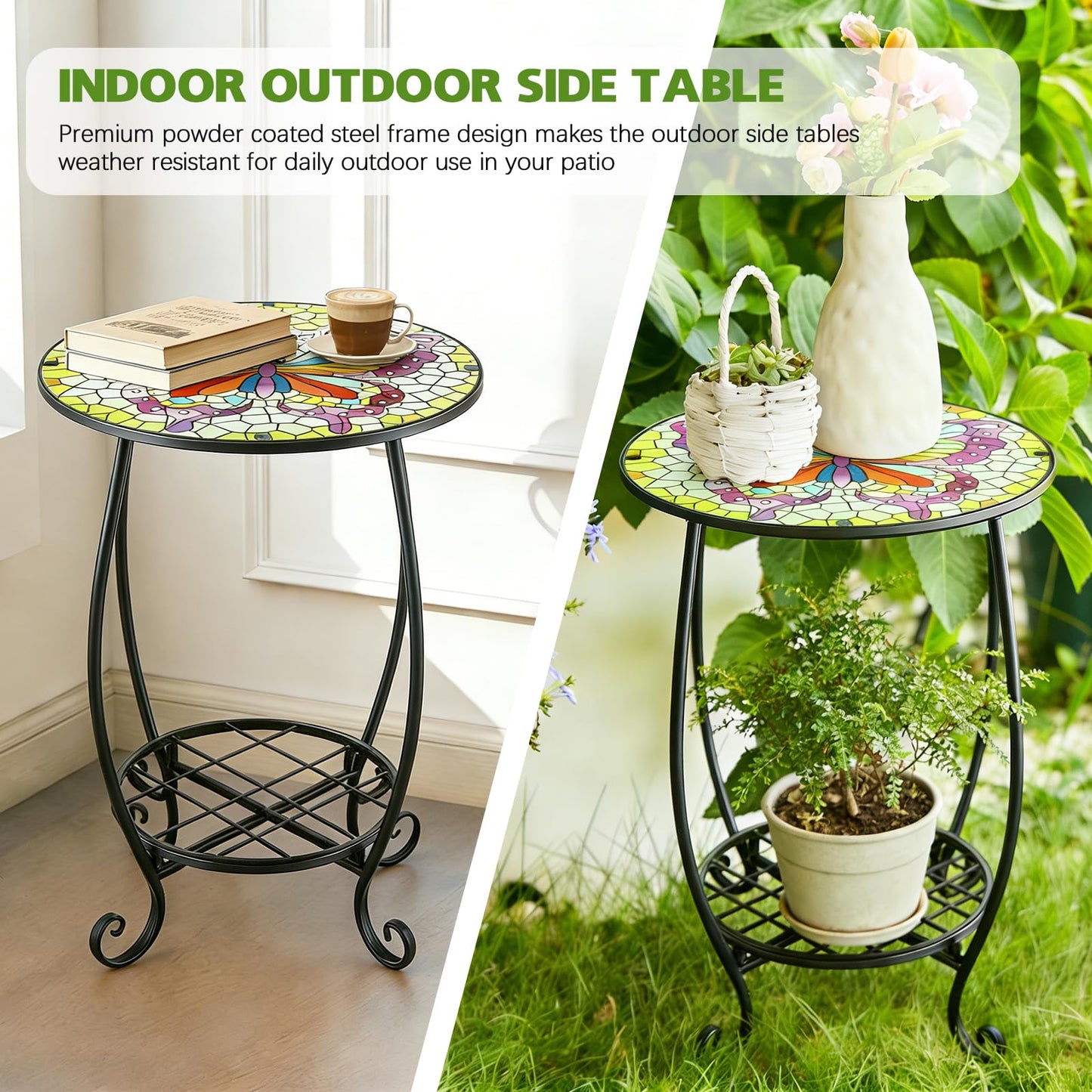 Arbuxzuy 12 Inch Small Outdoor Side Table with Colorful Butterfly, Glass Mosaic Patio Table Indoor, Round Plant Coffee Table for Living Room, Balcony, Garden（Butterfly Style）