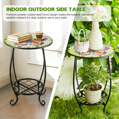 Arbuxzuy 12 Inch Small Outdoor Side Table with Colorful Butterfly, Glass Mosaic Patio Table Indoor, Round Plant Coffee Table for Living Room, Balcony, Garden（Butterfly Style）