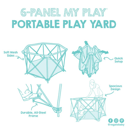 Regalo Safety My Play Portable Baby Playpen & Play Yard, Foldable 6-Panel Indoor Outdoor Playpen for Babies & Toddlers, Mesh Sides, Washable Fabric, 48”, Aqua/Black
