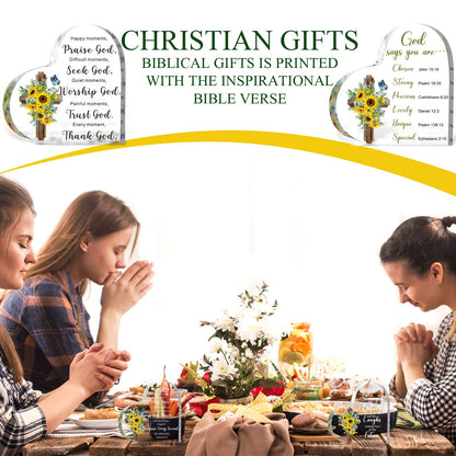 12 Set Acrylic Christian Gifts Inspirational Bible Verse Gifts Set Include 12 Sunflower Heart Paperweight 12 Organza Bags 12 Thank You Cards Scripture Religious for Women Men Christmas