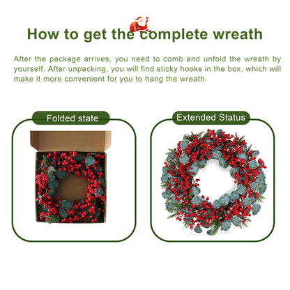 WSTPUPU Artificial Christmas Wreath 22inch Christmas Wreaths for Front Door Xmas Red Berry Wreath with Eucalyptus Leaves Pine Needles Red Berries for Wall Farmhouse Window Winter Holidays