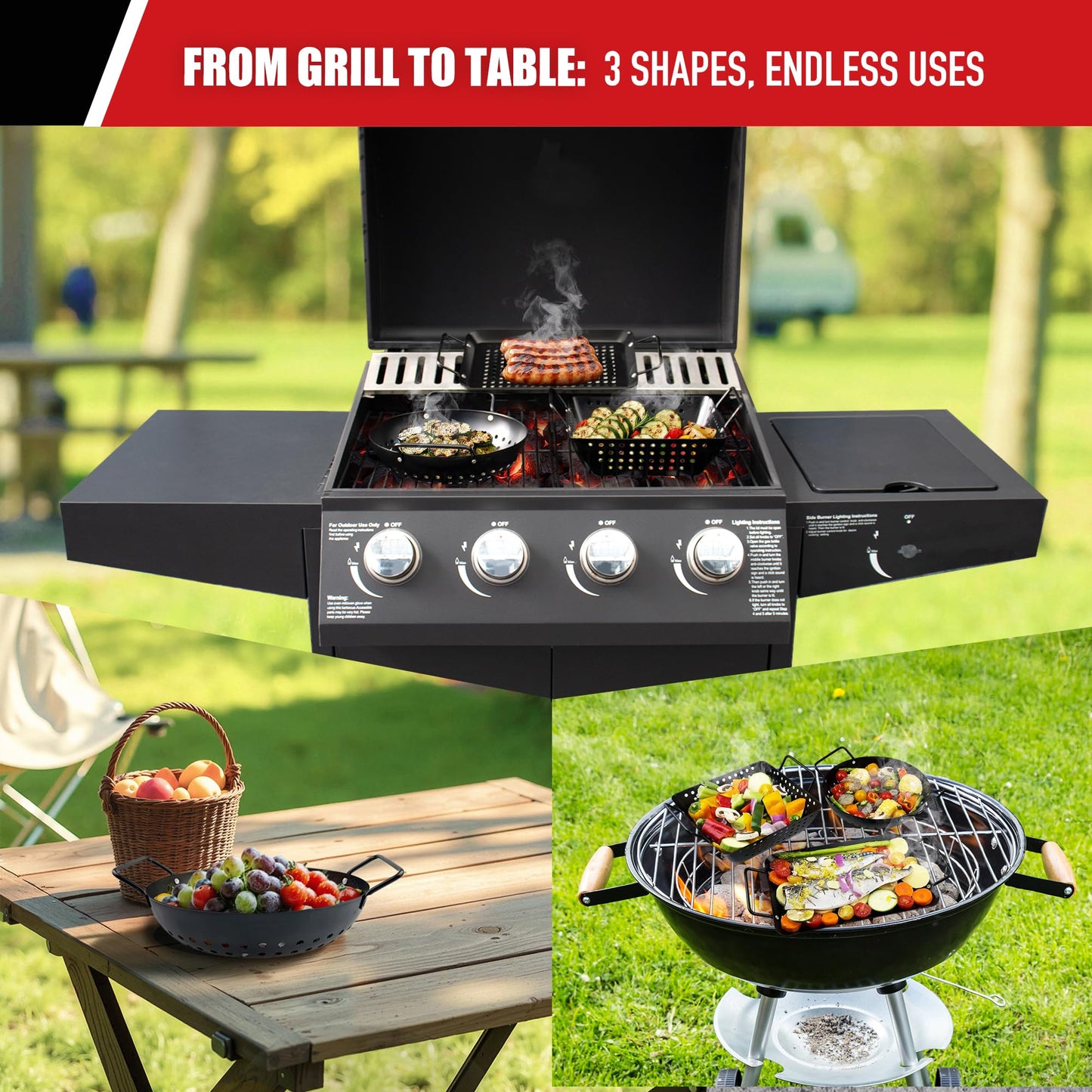 Qetumst Small Non-Stick 3 Piece Grill Basket Set – BBQ Grilling Basket for Vegetables, Seafood & Meat – Heavy Duty Perforated Grill Pan for Charcoal, Gas and Outdoor Grills, Easy to Clean Grilling Accessories