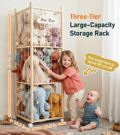Little Dove Stuffed Animal Storage, Wooden Stuffed Animal Zoo with Brake Wheels, Large Capacity Stuffy Plushies Storage, Space Save Toy Organizer for Nursery Playroom Kidroom Bedroom, 54 Inch