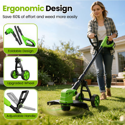 14" Electric String Trimmer Cordless Battery Powered Weed Eater with Wheel, 3-in-1 Cordless Grass Trimmer/Electric Weed Wacker/Edger, Weed Trimmer with 8 Replacement Spools for Garden, Lawn (Green)