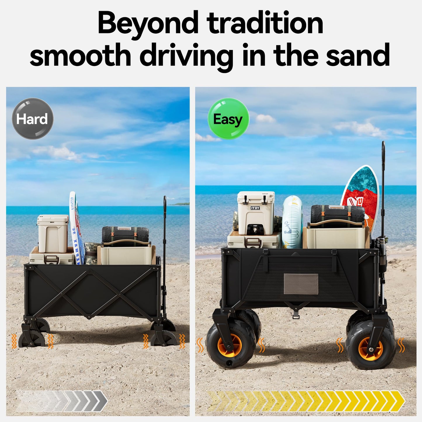 DXZ Beach Wagon Cart with Big Wheels for Sand – Folding Collapsible Wagon, Heavy Duty Wagons Carts Foldable for Beach, Camping, Outdoor Gear, Easy Setup Black Yellow