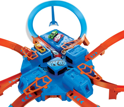 Hot Wheels Track Set with 1:64 Scale Toy Car, 4 Intersections for Crashing, Powered by a Motorized Booster, Criss-Cross Crash Track (Amazon Exclusive)