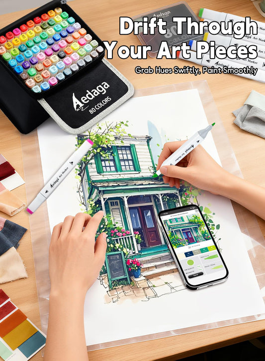 AEDAGA 120 Colors Alcohol Markers with Free App, Dual Tip Art Marker with Kickstand Case for Artists Adults. Alcohol Based Markers for Coloring Painting Sketching and Drawing, Great Gift