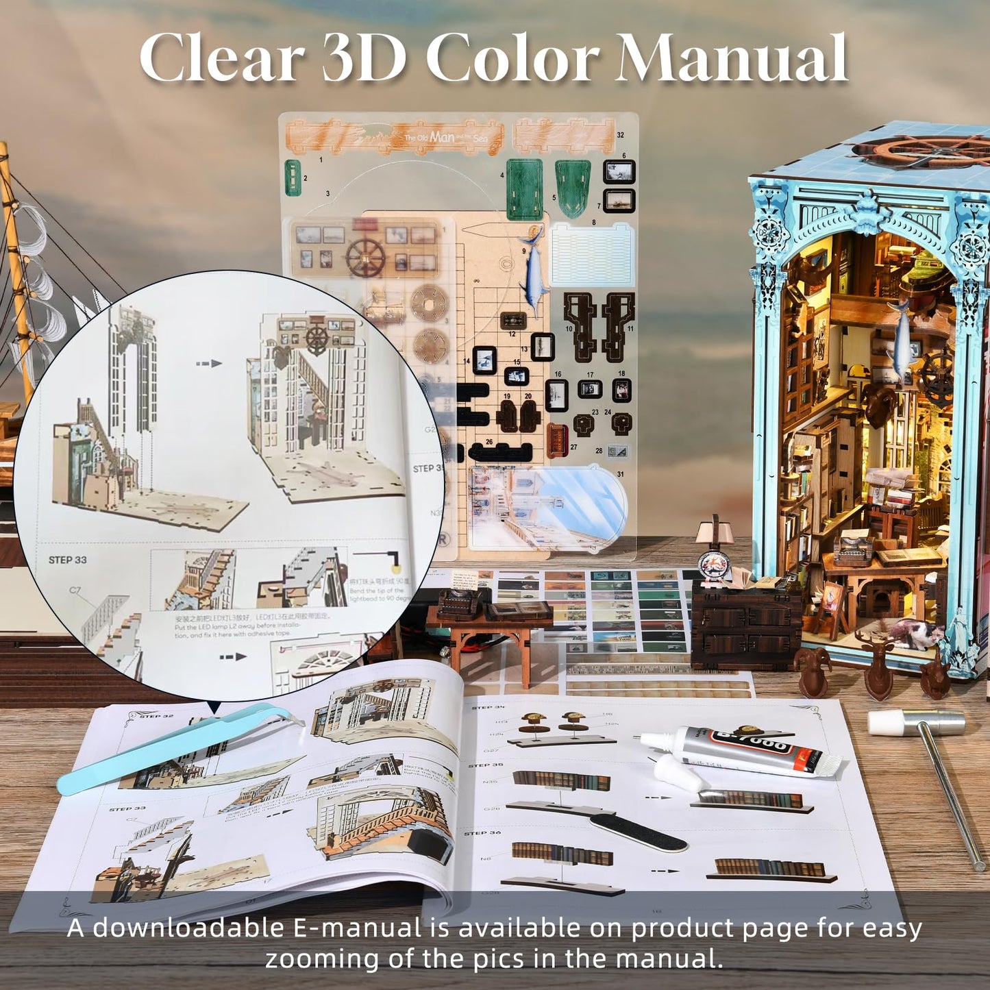 CCCDF DIY Book Nook Kit, Miniature Dollhouse Booknook Kit, 3D Wooden Puzzle Bookend Bookshelf Insert Decor with LED Light for Teens and Adults (Hemingway House)