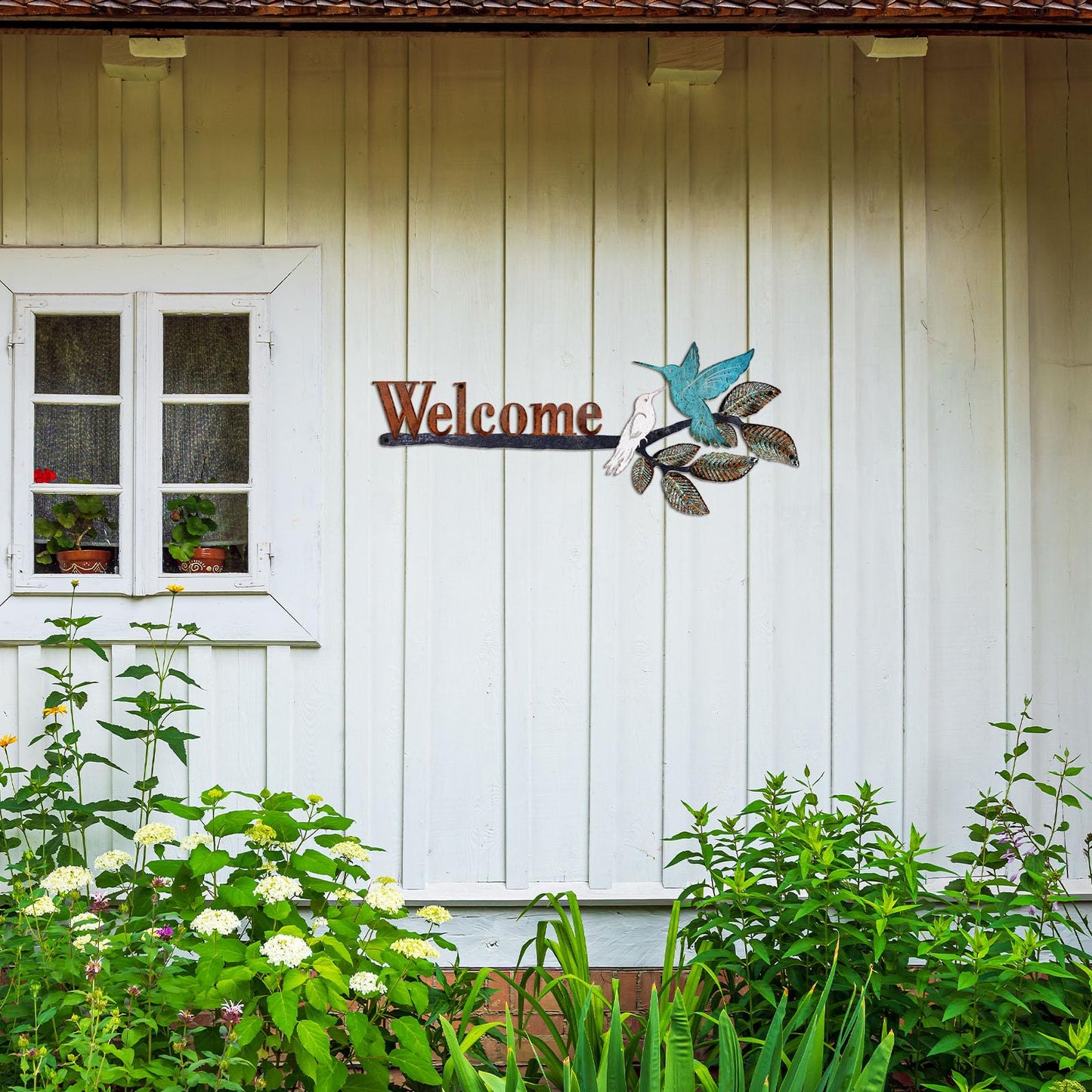 MorningRo Birds on Branch Welcome Sign Metal Wall Art Hummingbirds Yard Decor Rusty Birds Decoration Hanging Outdoor Welcome Wall Sculpture for Home Balcony Patio Garden Yard, 24.55 x 10 Inch