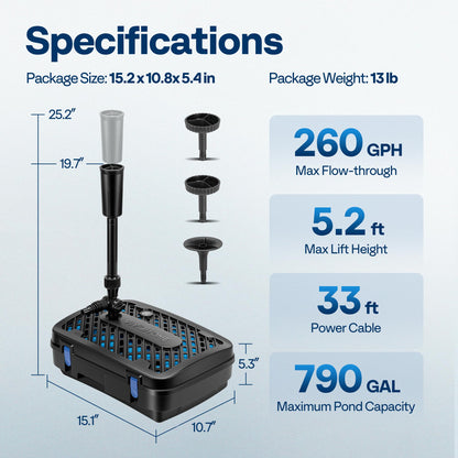 VIVOHOME All-in-One Pond Filter Fountain System Kits, 260 GPH Submersible Water Pump for Ponds up to 790 Gallons