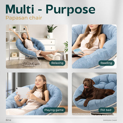 Bme 40" Ergonomic Wicker Papasan Chair with Soft Thick Density Fabric Cushion, High Capacity Steel Frame, 360 Degree Swivel for Living, Bedroom, Reading Room, Lounge, Serene Oasis - White Base
